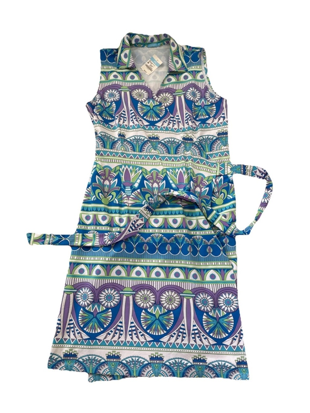 Sleeveless Collared Midi wrap Dress in Blue & Green Print nwt